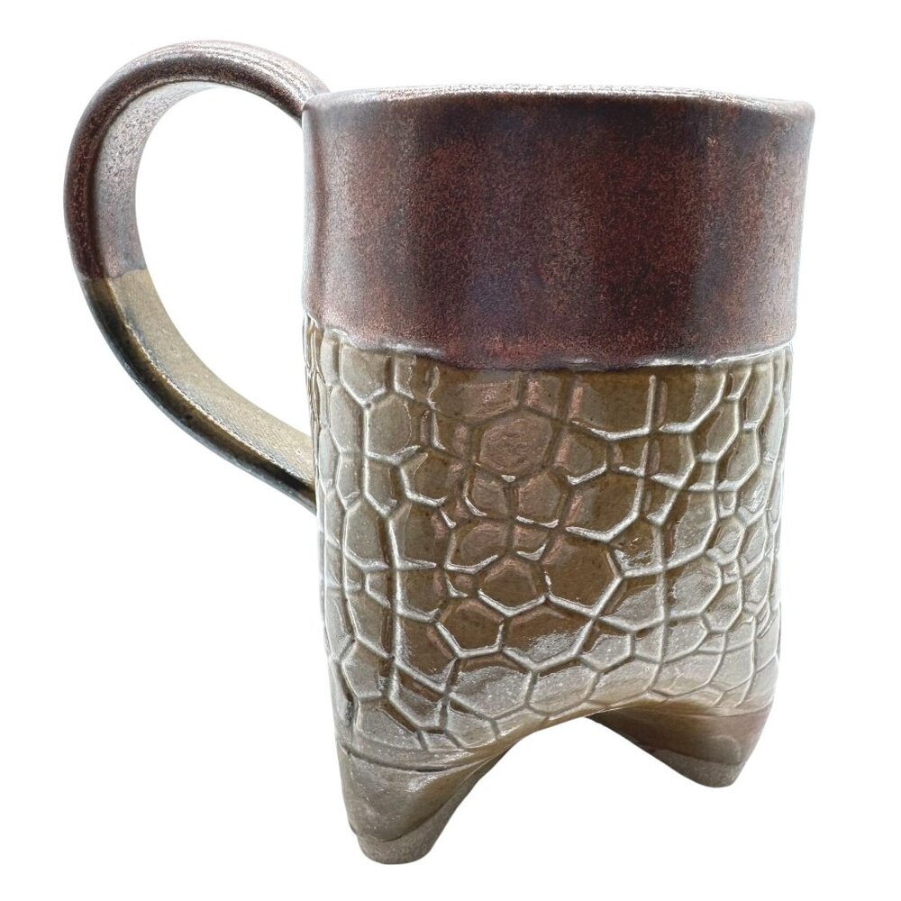 Handmade Unique Tri-Footed Ceramic Mug With Textured Design & Earthy Colors 6"H
